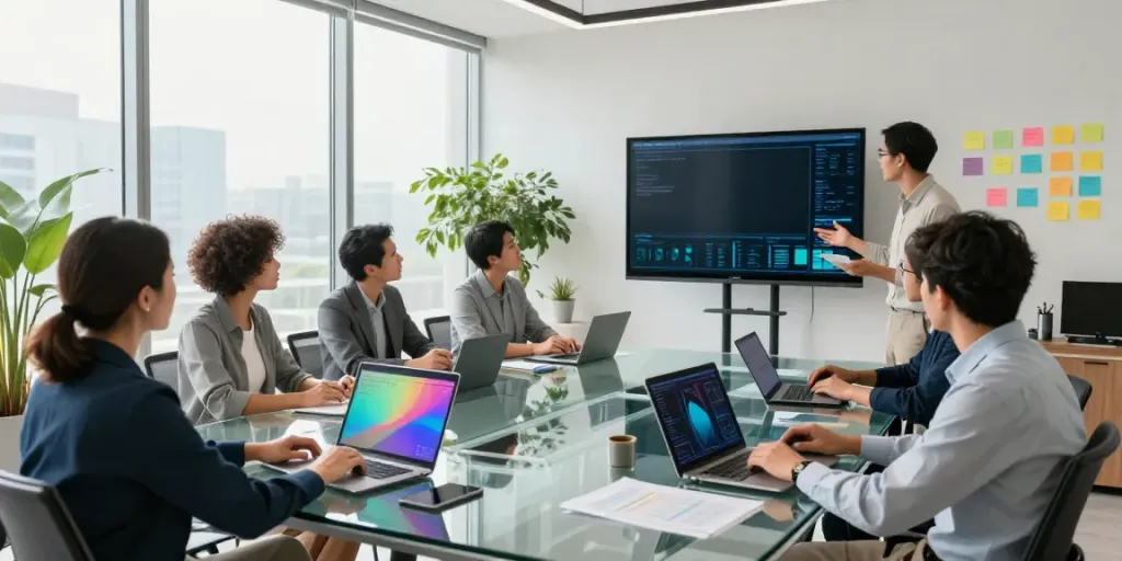 Team collaborating on business data from Outscraper in a modern office.