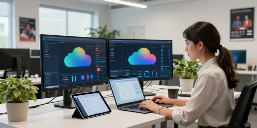 Expert engineer managing Azure cloud services in a bright tech workspace.