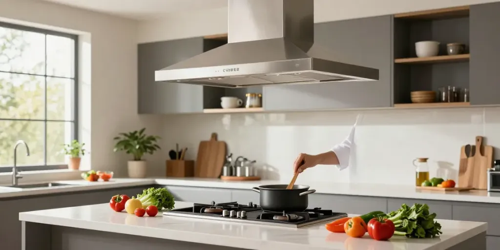 Cooker hood in a modern kitchen with a home cook preparing fresh ingredients and a bright atmosphere.