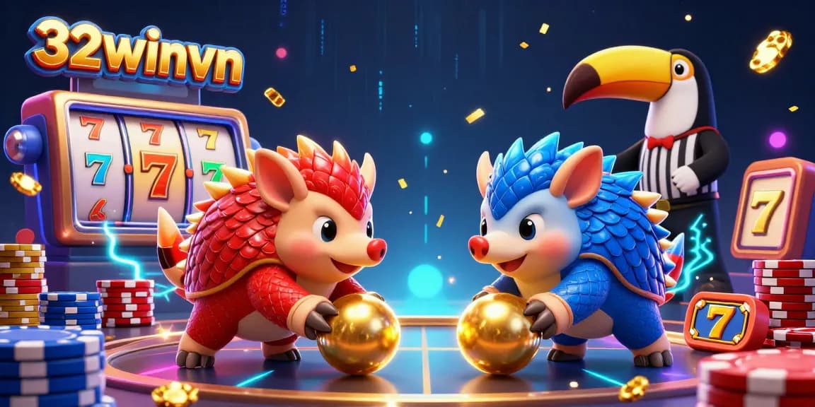 Experience thrilling gameplay with 32winvn's colorful pangolin characters in action amidst dynamic casino elements.