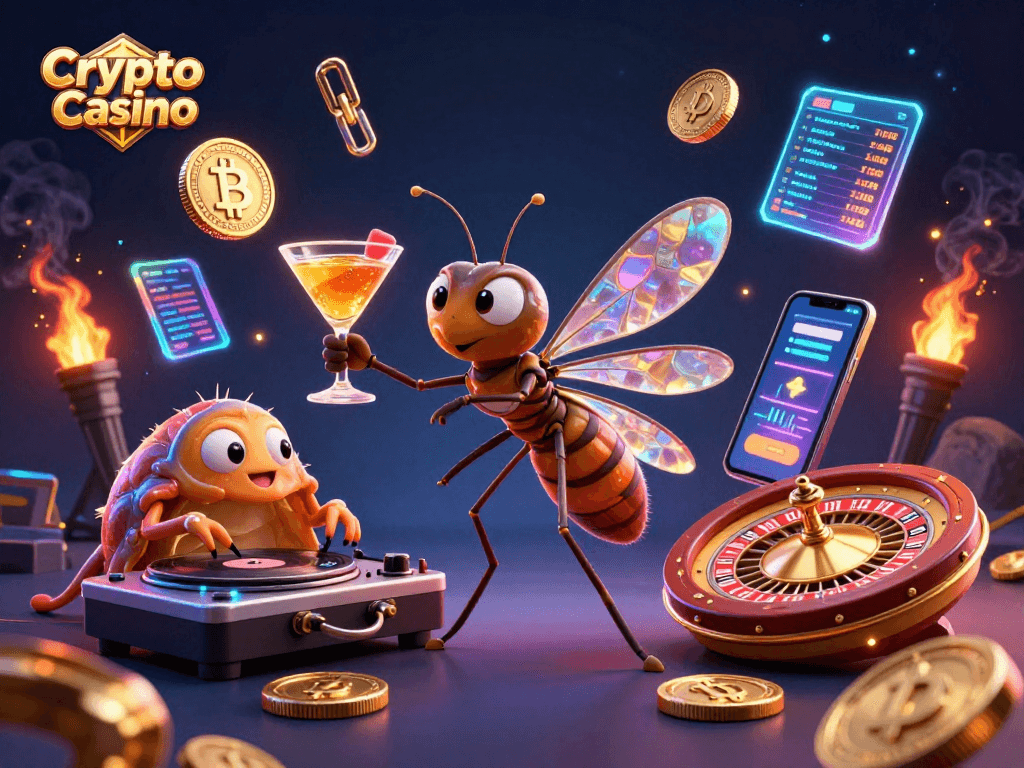 Experience the vibrant world of a Crypto Casino, featuring a unique 3D illustration with a lively mascot and dynamic gaming elements.