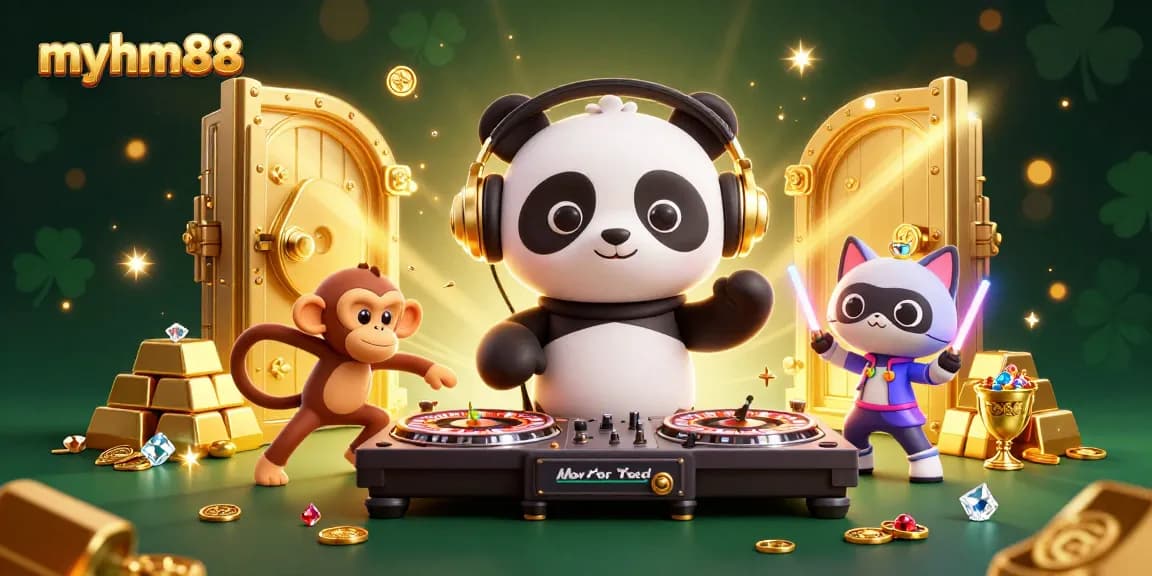 Experience the excitement of myhm88 with a vibrant 3D casino scene featuring animated characters and rich gaming elements.