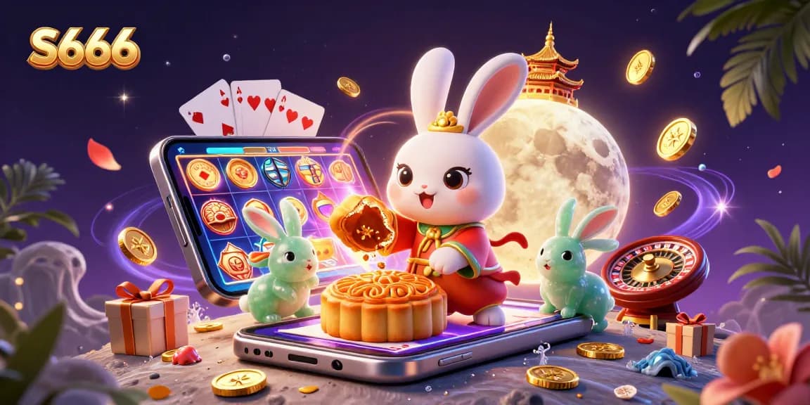 S666 invites you to enjoy an exciting casino experience with a dynamic scene of moon rabbits and vibrant gaming elements.