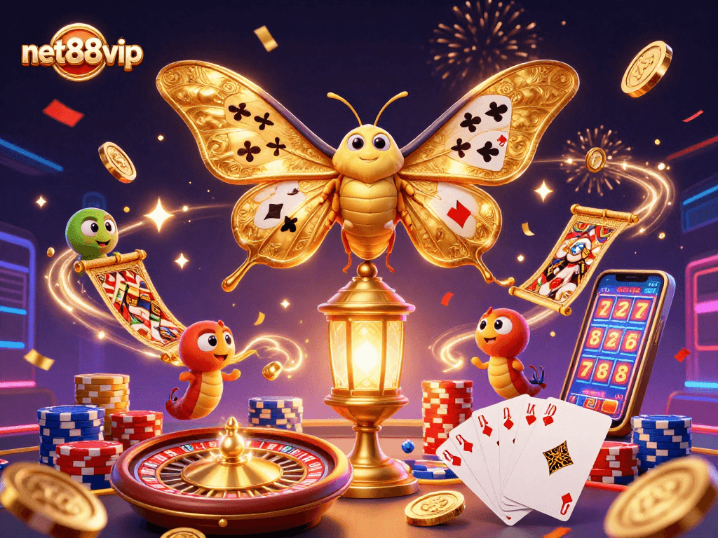Engage with net88vip's casino fun in a dynamic 3D illustration showcasing vibrant gaming elements.