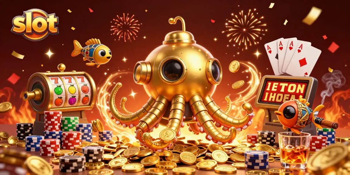 Spin the lucky slot jackpots surrounded by a golden kraken and mechanical fish in a casino-themed scene.