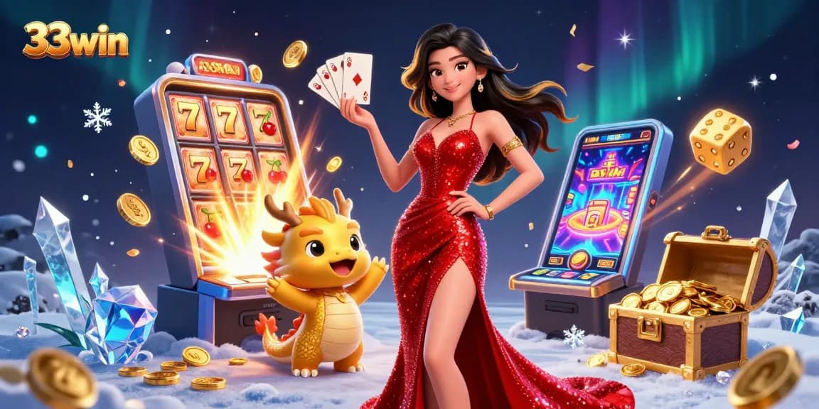Win at 33win with a glamorous Asian woman and a playful golden dragon in a vibrant casino scene.