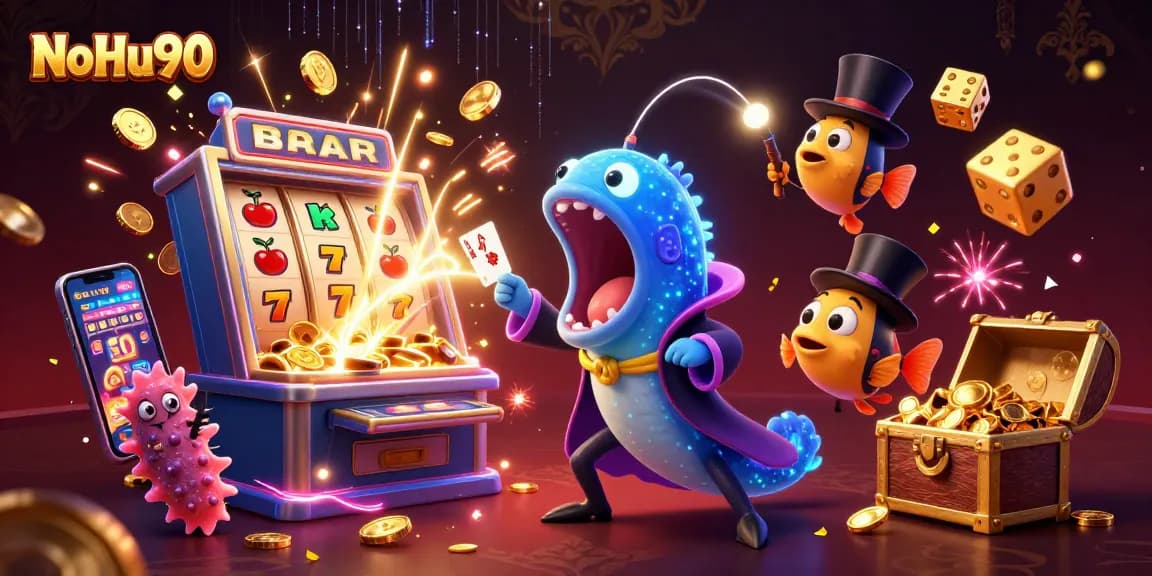 NoHu90 captivates with a vibrant casino scene featuring a magical gulper eel performing card tricks among dazzling slot machines and gold treasures.
