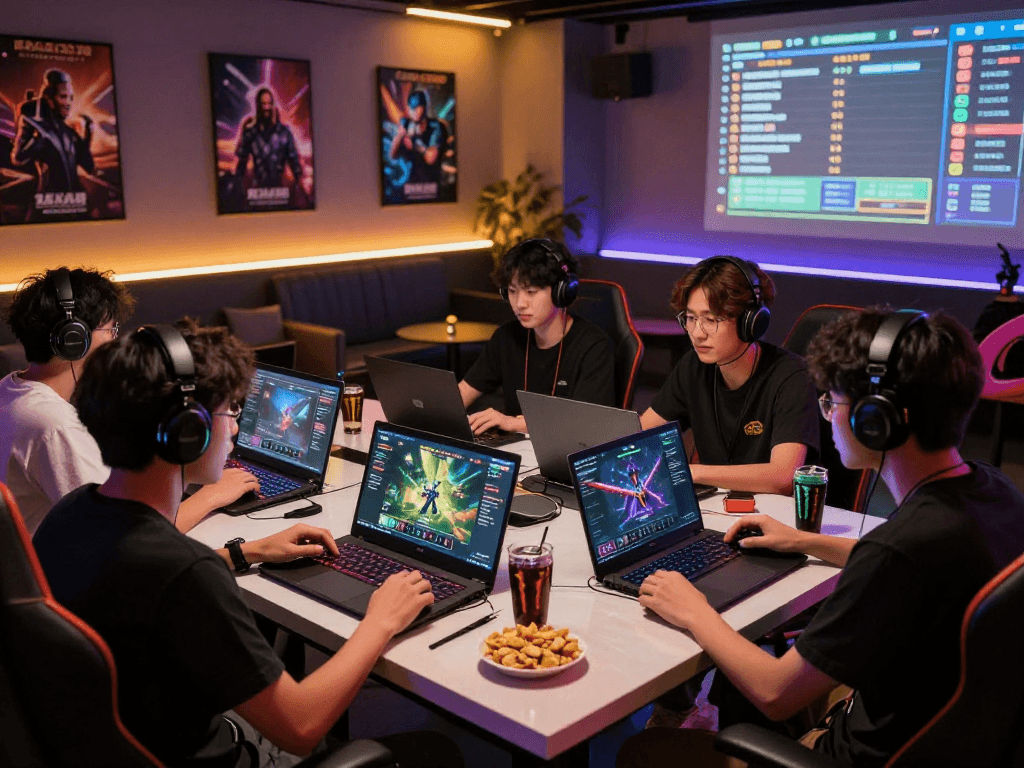 Group of gamers enjoying RAJA 328 platform in a vibrant lounge