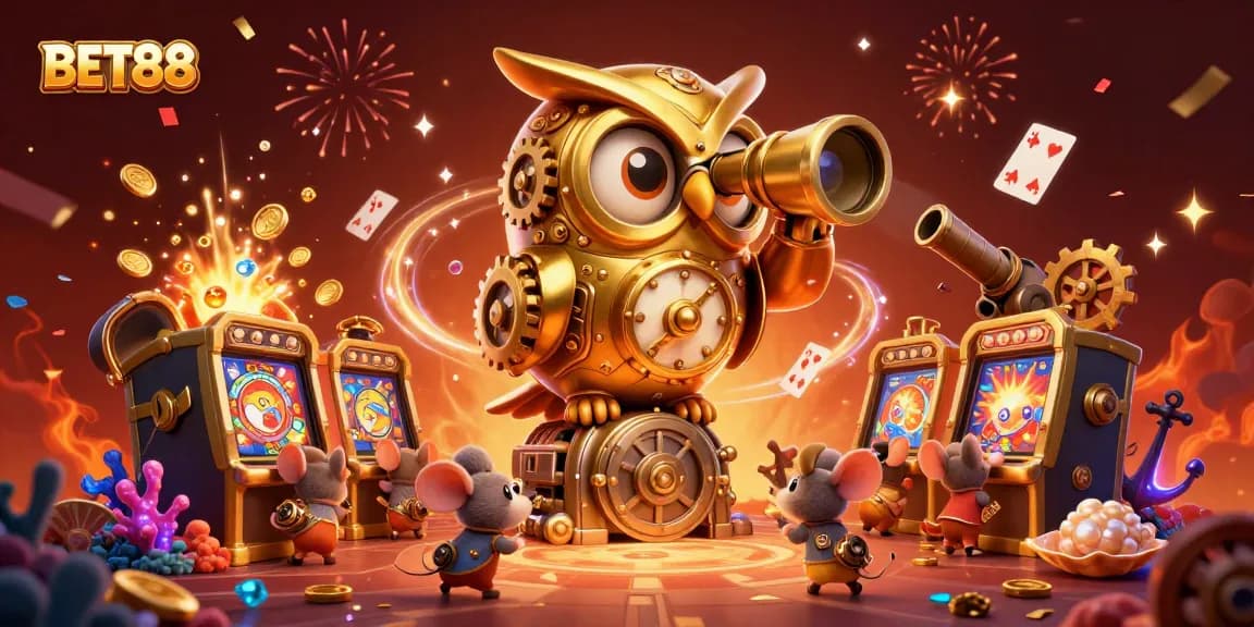 Experience the thrill of BET88 as the golden owl oversees a dynamic casino scene filled with cards and treasures.