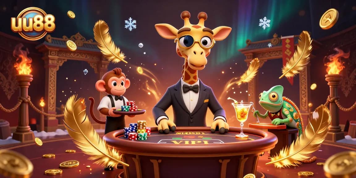 Experience thrilling gameplay at uu88 with a high-rolling giraffe and vibrant casino elements in a dynamic scene.