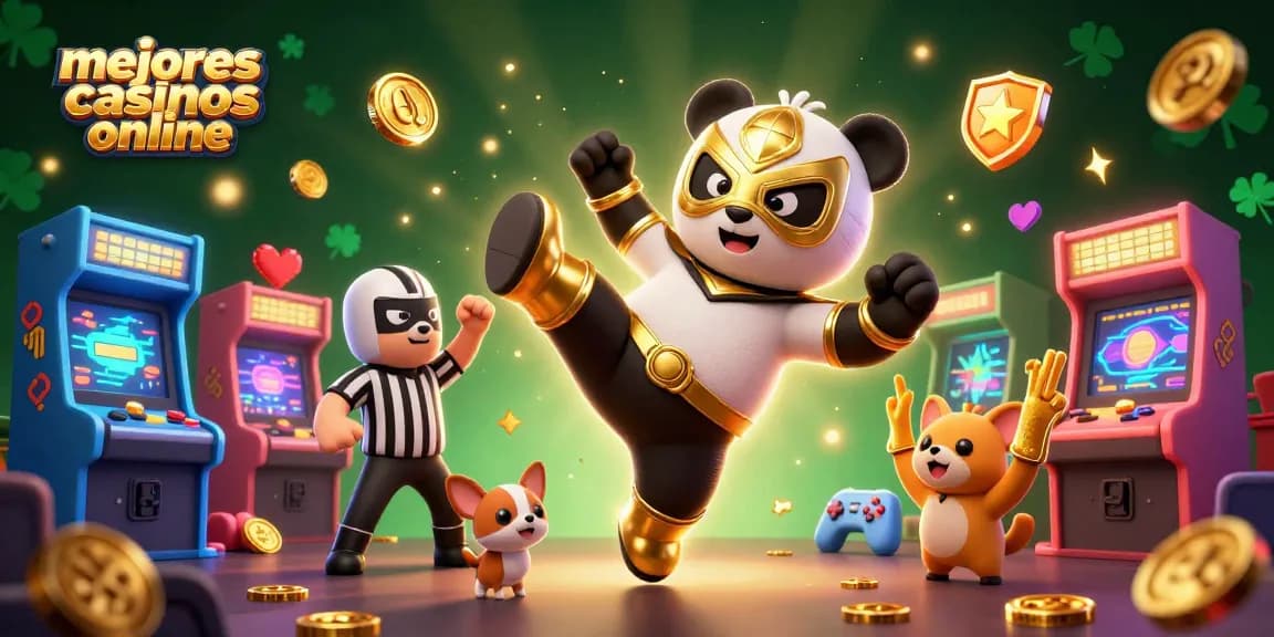 Ilustración 3D mostrando "mejores casinos online" con un panda luchador y un árbitro chihuahua en un casino vibrante.