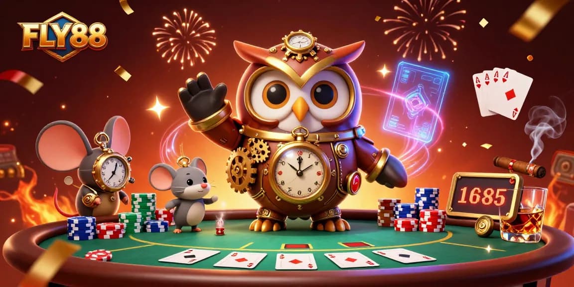 Experience thrilling gameplay at FLY88 with a dynamic 3D cartoon scene showcasing exciting casino elements.