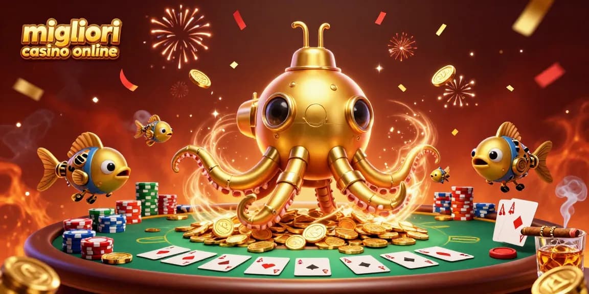 I migliori casino online mostrano un Kraken d'oro immerso in una cascata di monete.