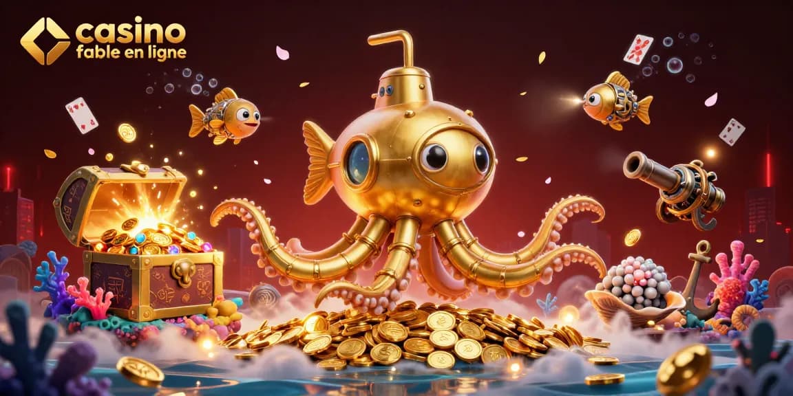 Jouez au casino fiable en ligne avec cette illustration 3D captivante très détaillée, mettant en scène une créature marine et des trésors.