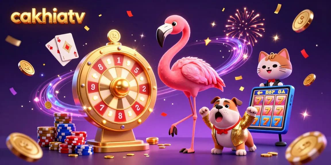 CakhiaTV showcases an exciting scene with a game show host flamingo, a bulldog contestant, and vibrant gambling elements in a lively casino atmosphere.