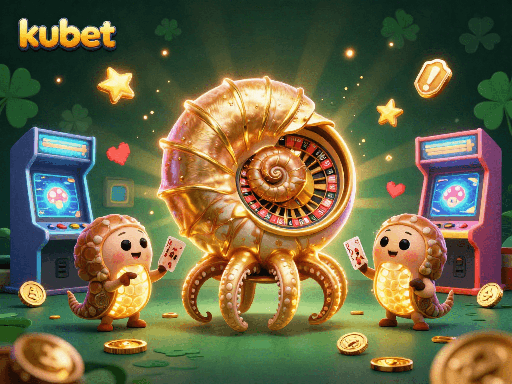 Kubet casino illustration featuring a giant nautilus roulette and glowing ammonite companions.