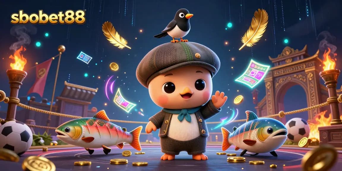Place bets with sbobet88 in an engaging sports-themed 3D scene featuring fun characters.
