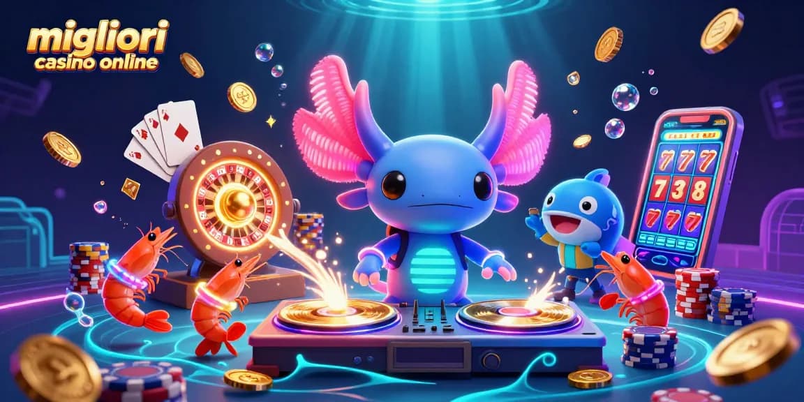 Scopri i migliori casino online con un DJ axolotl e divertenti creature marine in un ambiente festoso.