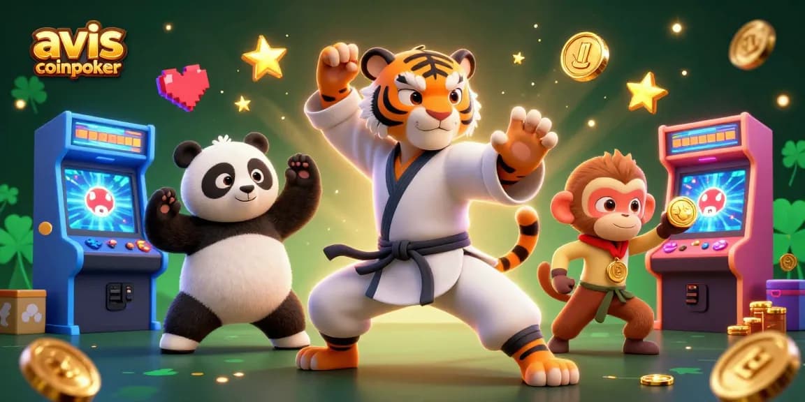 Avis CoinPoker : Illustration énergique d'un tigre kung-fu et de ses disciples dans un casino coloré.