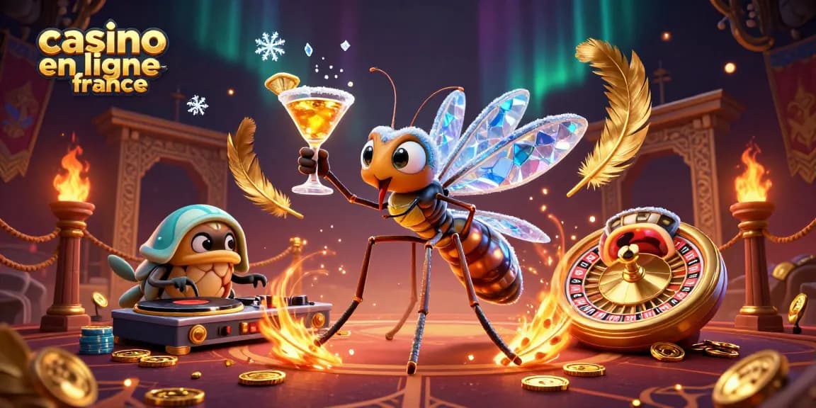 Une illustration dynamique de casino en ligne france avec un moustique mascotte et un DJ trilosyclope.