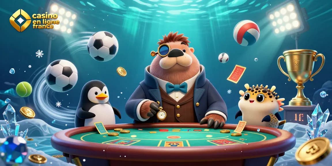 Casino en ligne France : walrus joueur au poker sous-marin entouré de sportifs et trophées