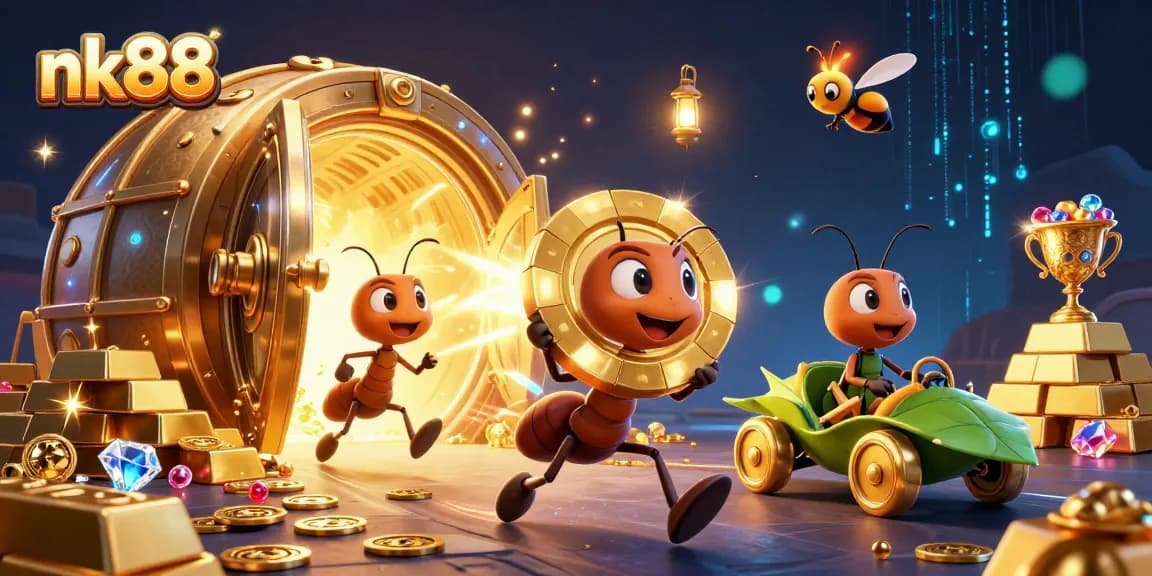 Ants pulling a giant poker chip in a vibrant nk88 casino heist scene with sparkling treasures.