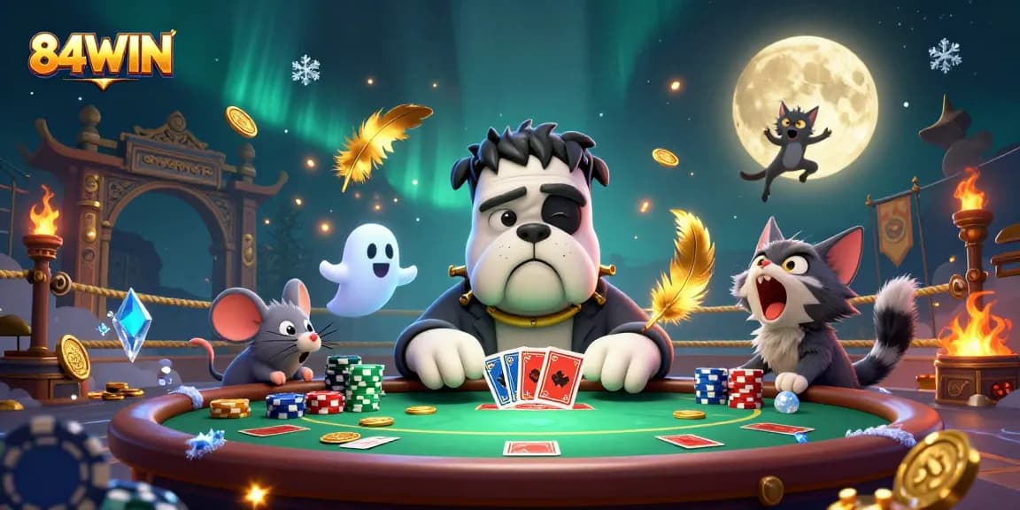 Experience thrilling poker at 84WIN with a cartoon bulldog dealer and exciting game elements.