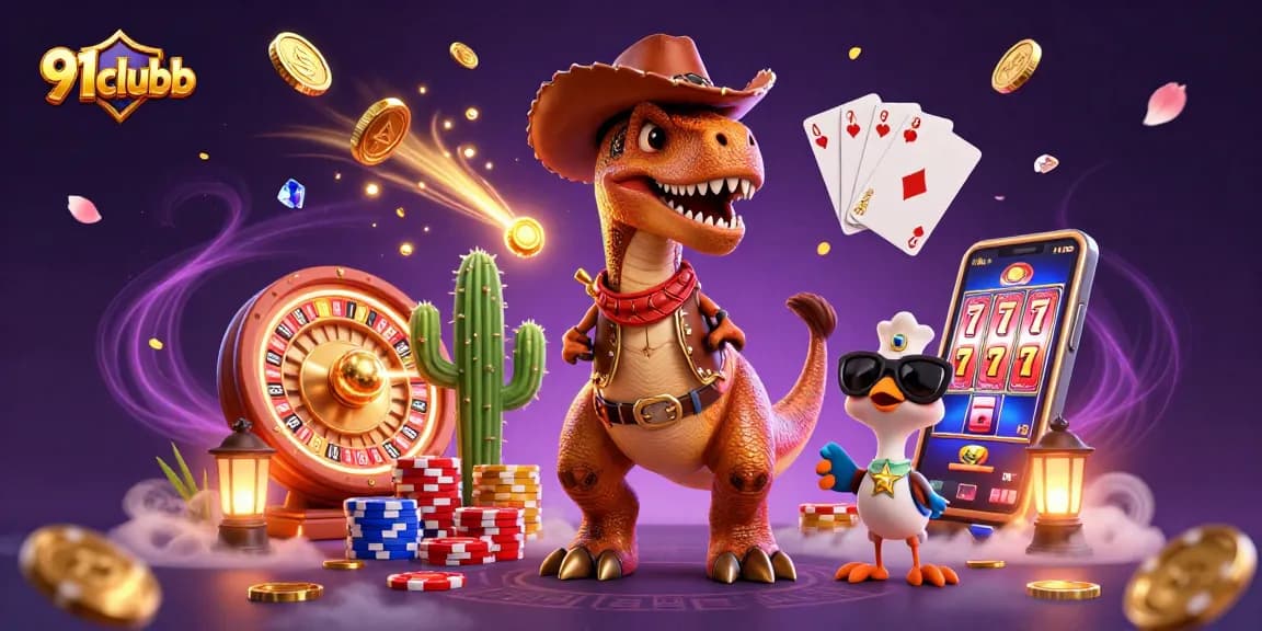 91clubb illustrates an exciting casino scene with cartoon characters amidst dynamic gambling symbols.