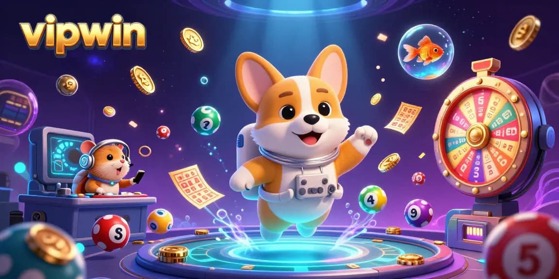 Experience thrilling gaming moments at vipwin with a vibrant cartoon scene of floating characters and casino elements.