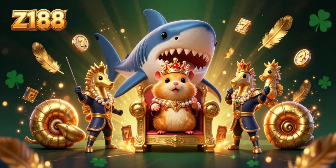 Experience the excitement and win big with z188's casino games, featuring a golden hamster king on a megalodon throne.