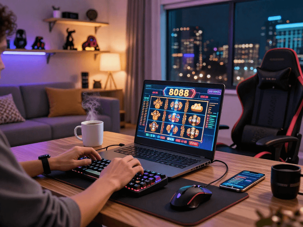 Player enjoying slot88 game on stylish gaming laptop with vibrant home setup.