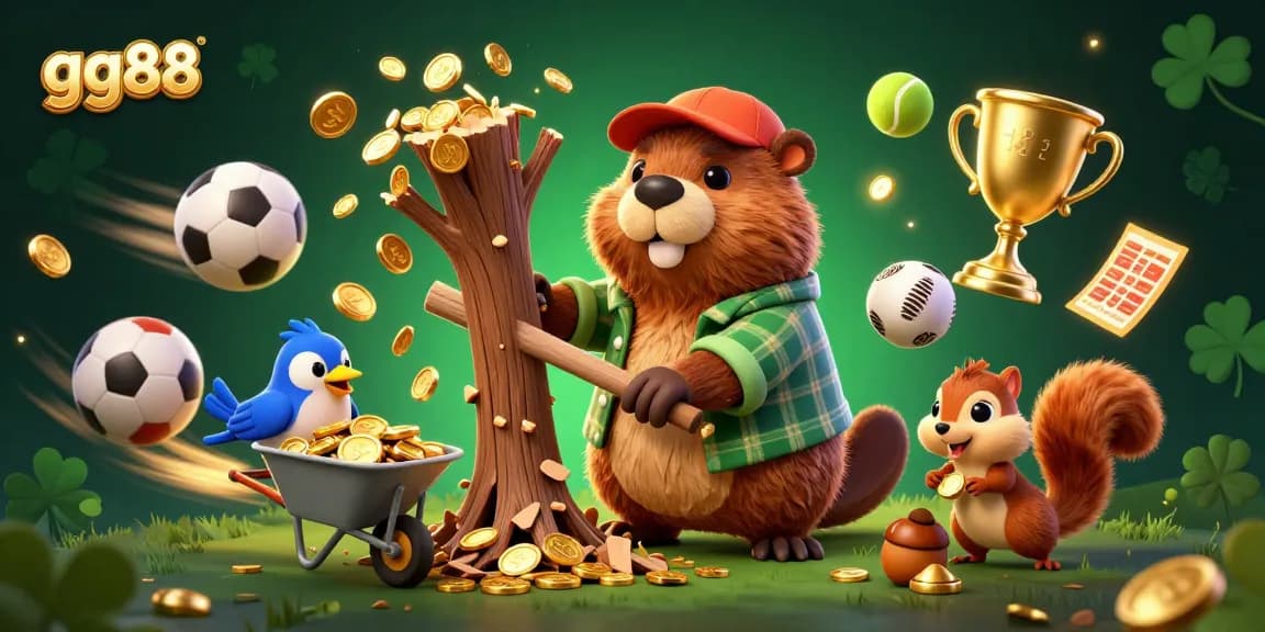 Engage with gg88 as the cartoon beaver chops a tree raining golden coins, surrounded by dynamic sports elements.