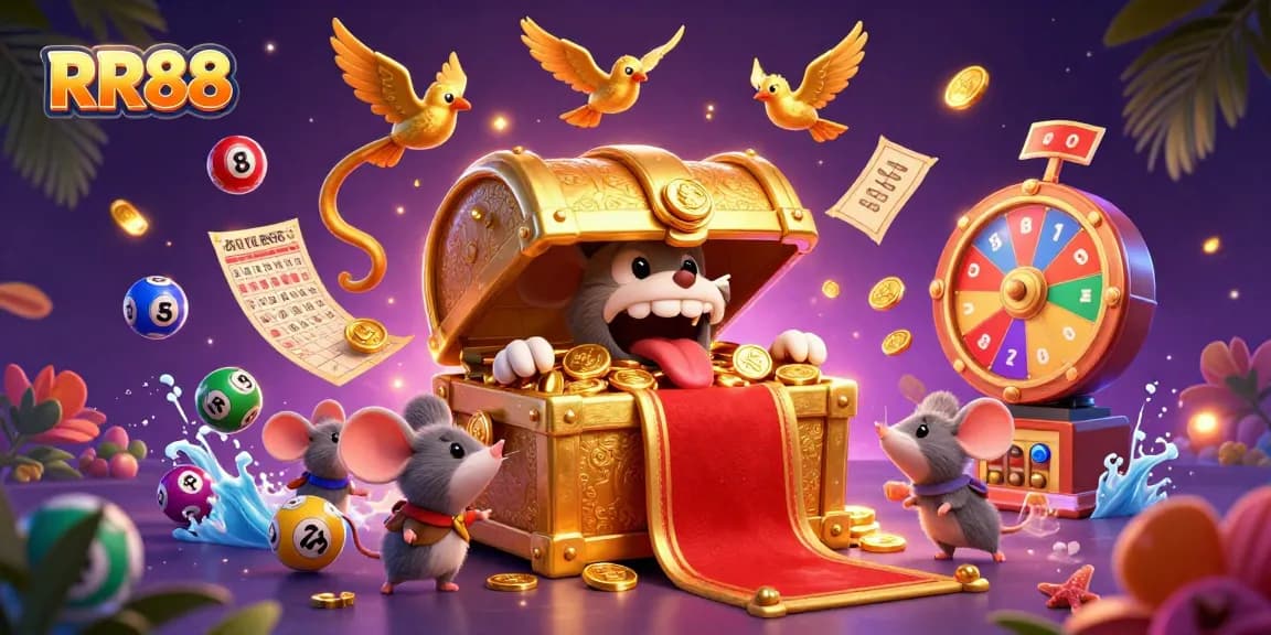 Play exciting games at RR88 with vibrant lottery balls and riches galore in this dynamic casino scene.