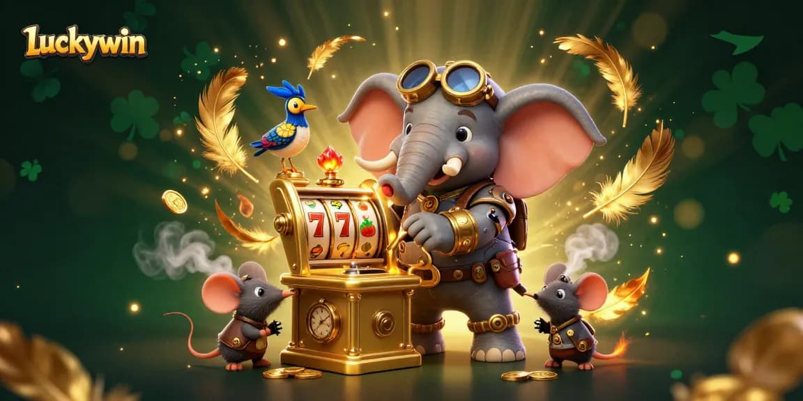 Spin the golden slot machine in the Luckywin casino realm, featuring vibrant characters and thrilling elements.