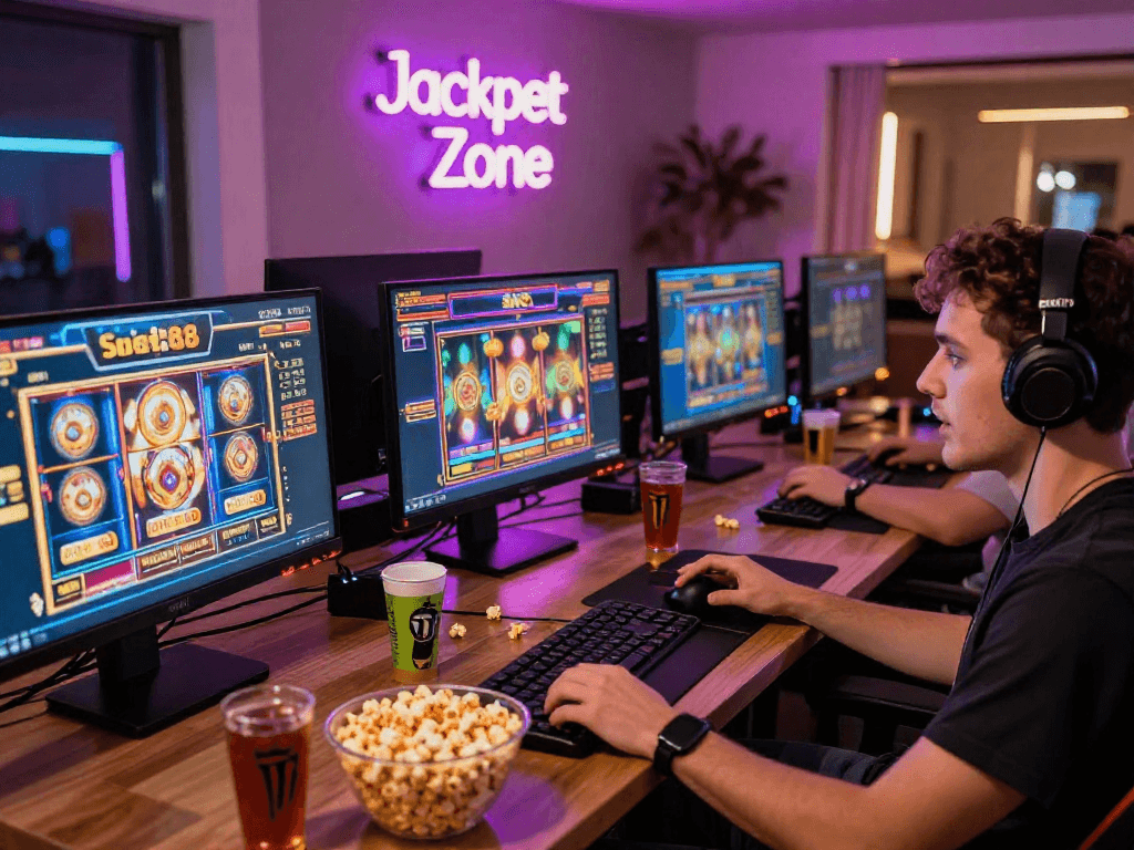 Engaged players enjoying slot88 at home gaming stations with colorful screens and snacks.