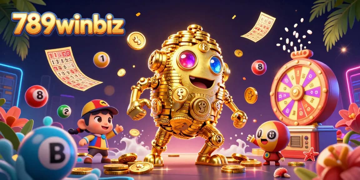 Spin colorful lottery balls and golden elements with 789winbiz in an exciting casino scene.