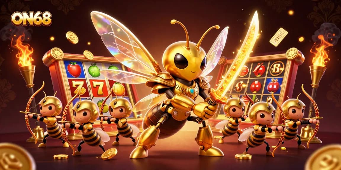 Engage in thrilling slots action with ON68, displaying the giant hornet and reels packed with excitement!