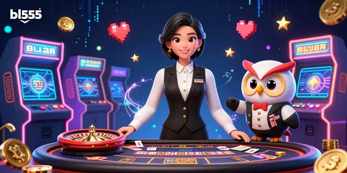 Engage in exciting gameplay at bl555 with an elegant dealer and vibrant casino elements.