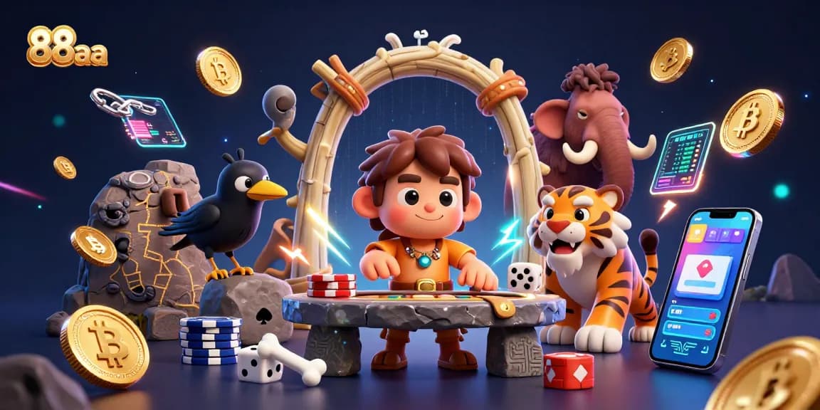 Experience thrilling gaming at 88aa with a vibrant casino scene featuring unique characters and crypto elements.