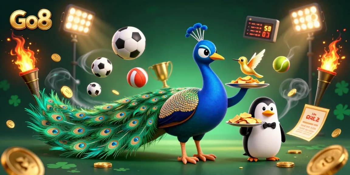 Engage with thrilling Go8 gaming as the peacock displays its winnings amidst vibrant casino elements.