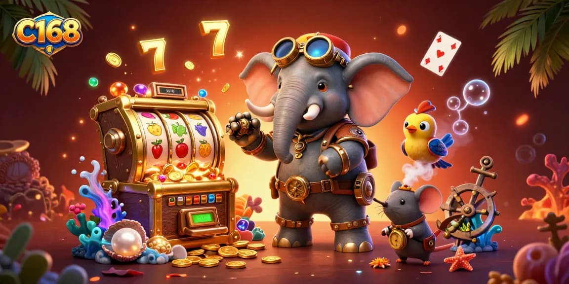 C168 captures thrilling gamblers engaging with a steampunk elephant at a golden slot machine.