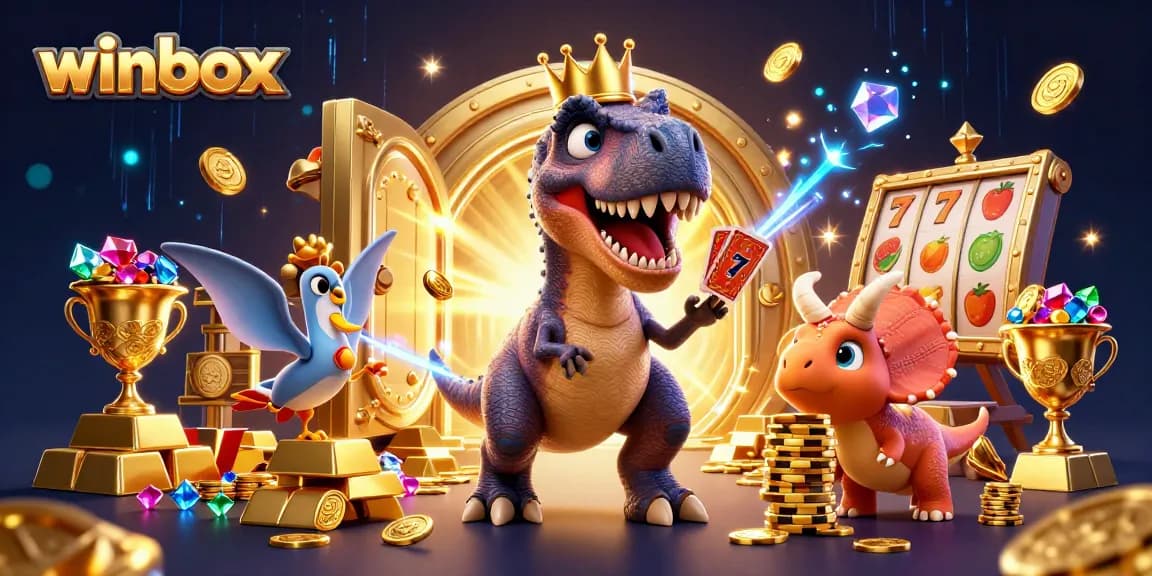 Winbox features a lively dinosaur casino scene with vibrant characters, cards, and sparkling treasures.