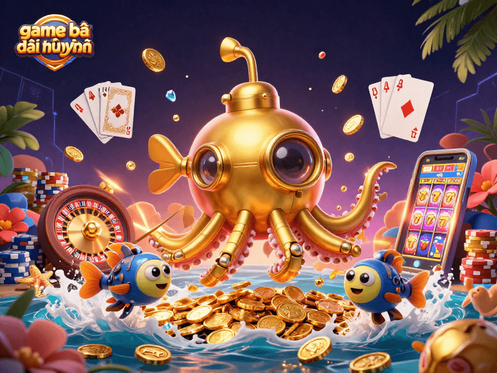 Experience the thrill of game bài đổi thưởng uy tín with a vibrant 3D kraken and golden coins.