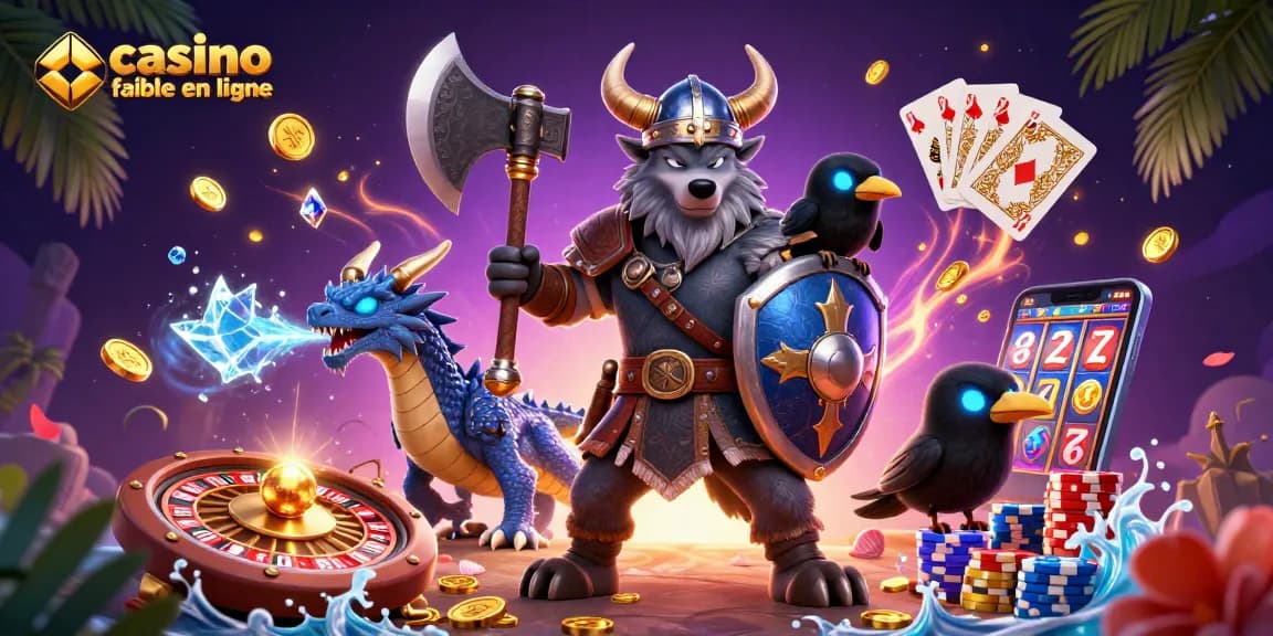 Illustration dynamique de casino fiable en ligne avec un guerrier loup, un dragon et un corbeau.