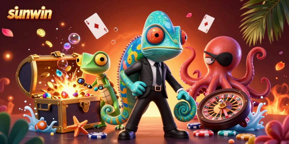 Experience thrilling gameplay at sunwin with dynamic characters and casino elements in an immersive 3D illustration.