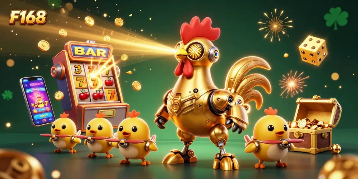 F168 delivers excitement with a golden rooster robot and baby drone chicks celebrating a jackpot explosion.