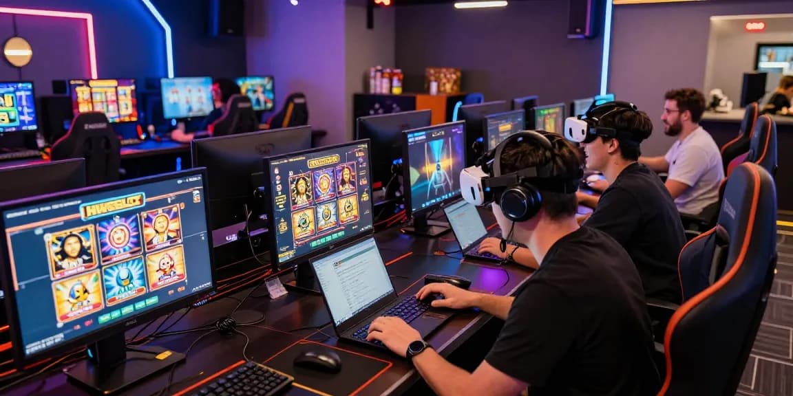 Players enjoying HWGSLOT games in a vibrant online gaming lounge atmosphere
