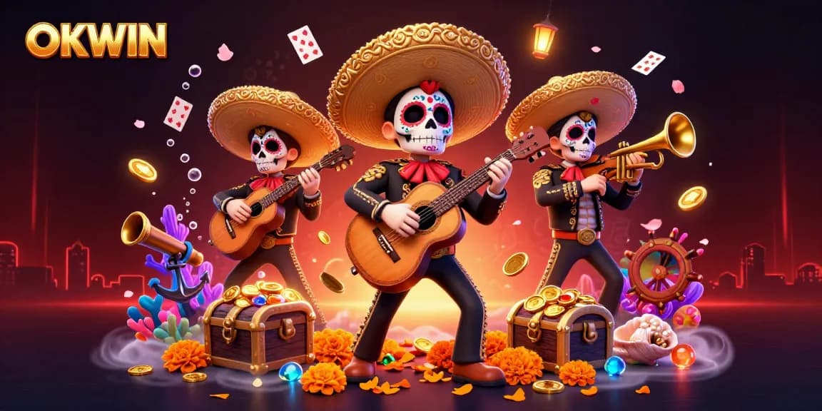 Experience the thrill of gambling with OKWIN in a vibrant scene featuring a mariachi band and casino elements.