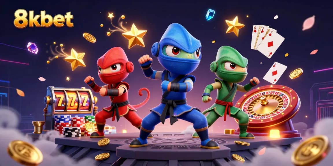 Compete and win with 8kbet as ninja chameleons enjoy a dynamic casino battle featuring gold and gems.