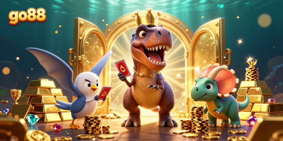 Experience thrilling fun with go88 casino games as cartoon dinosaurs shuffle cards and stack chips.